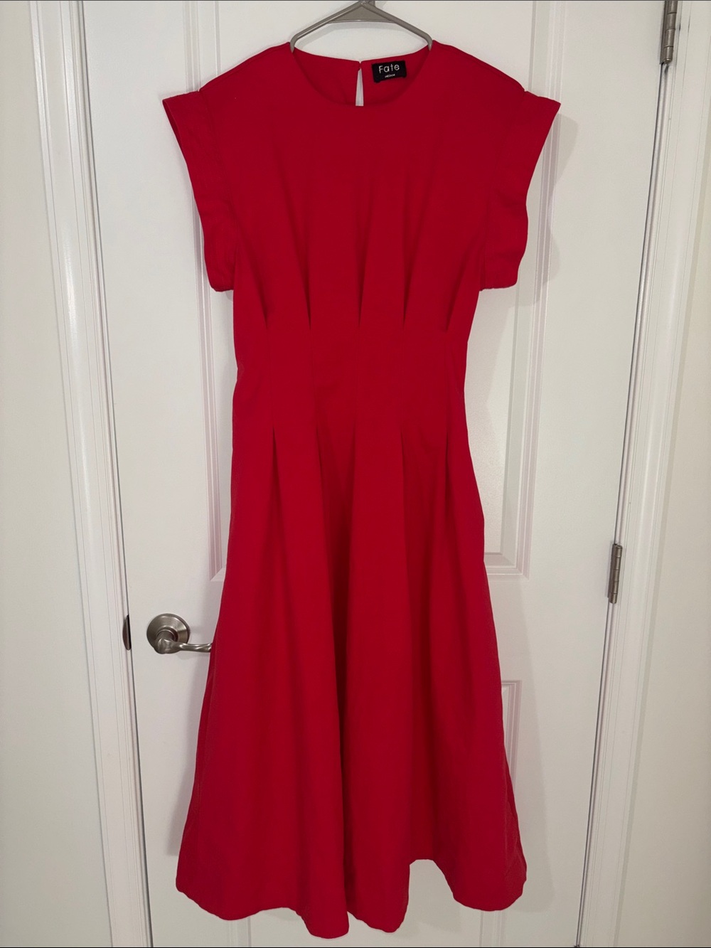 Fate Red Pleated Fit-and-Flare Poplin Blend Midi Dress